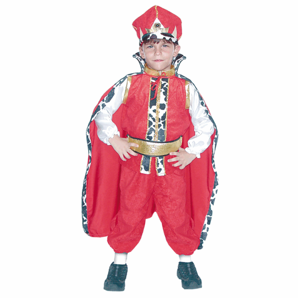 Disfraz de rey para niño con chaqueta roja, pantalón, capa roja con dálmata, cinturón dorado y gorro con corona