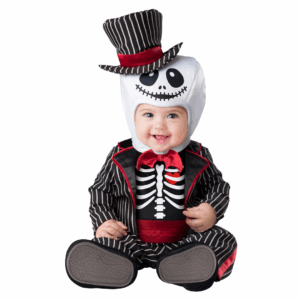 Disfraz de calavera elegante para bebé con chaqueta a rayas, pantalón y gorro con sombrero de copa