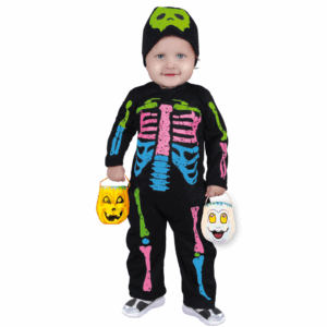 Disfraz de calavera multicolor para bebé con enterizo negro y huesos de colores, y gorro