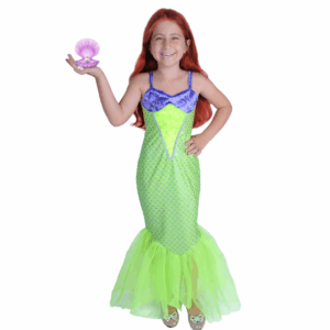 Disfraz de sirenita para niña con vestido verde y morado, simulando cola de sirena