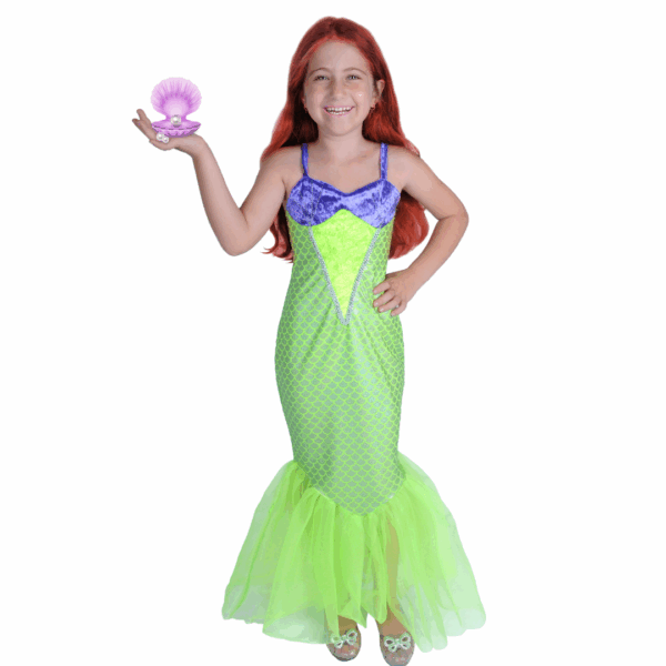 Disfraz de sirenita para niña con vestido verde y morado, simulando cola de sirena