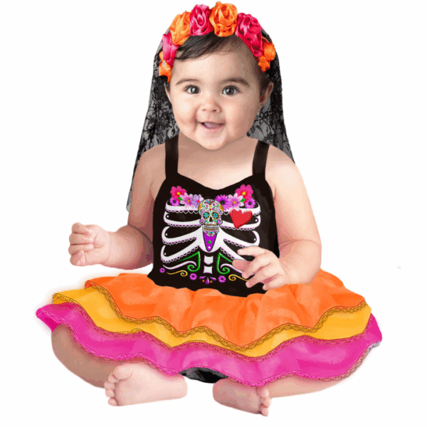 Disfraz de Catrina para bebé con vestido negro estampado de calavera floral, falda de colores y vincha con flores y velo