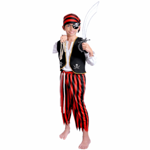 Disfraz de pirata para niño con pantalón a rayas, chaleco negro, camisa blanca, cinturón y pañoleta roja y negra