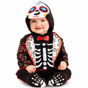 Disfraz de Catrino para bebé con enterizo negro estampado de esqueleto y chaqueta elegante