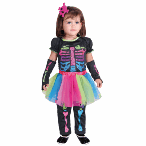 Disfraz de calavera fashion para bebé con enterizo negro y huesos de colores neón, falda tutú multicolor y guantes