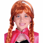 Peluca cobriza con dos trenzas, flequillo y un mechón blanco en la parte superior, ideal para disfraz de Princesa Anna.