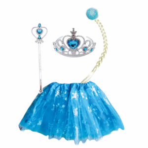 Set de disfraz de princesa del hielo con tutú azul brillante con copos de nieve, corona plateada con gemas azules, cetro plateado y trenza rubia con vincha.