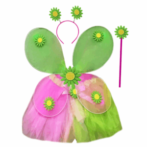 Set de disfraz de hada de primavera con tutú rosa y verde, alas de hada verde con flores, cetro con flor y vincha con flores