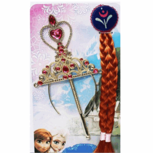 Set de accesorios de princesa Hanna con corona dorada y gemas rojas, cetro de corazón con gemas y trenza pelirroja con vincha azul