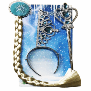 Set de accesorios de princesa del hielo con corona plateada y gemas azules, cetro plateado y trenza rubia con vincha de copo de nieve.