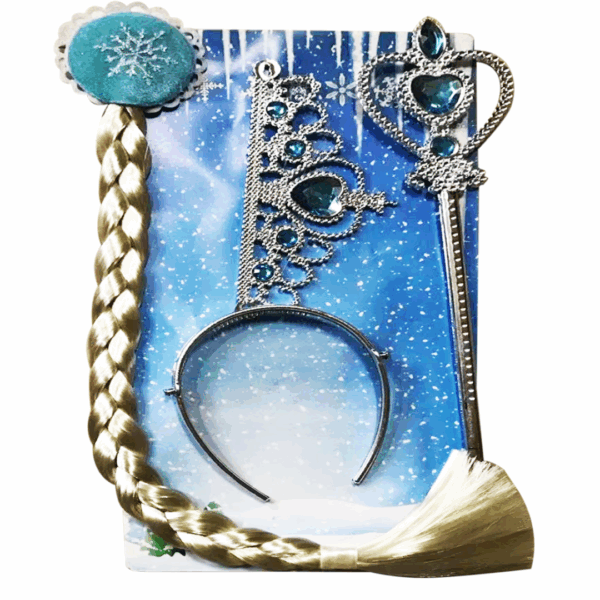 Set de accesorios de princesa del hielo con corona plateada y gemas azules, cetro plateado y trenza rubia con vincha de copo de nieve.