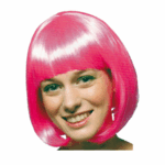Peluca corta tipo bob en color rosa fucsia con flequillo, adecuada para disfraces y eventos festivos.
