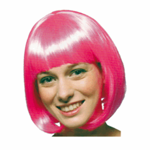 Peluca corta tipo bob en color rosa fucsia con flequillo, adecuada para disfraces y eventos festivos.