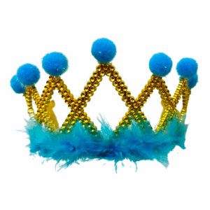Corona dorada con pompones azules y borde de marabú azul turquesa