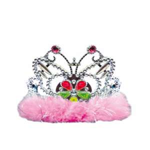 Corona plateada de princesa con marabú rosa y gemas de colores
