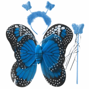 Set de disfraz de hada con alas de mariposa azules con escarcha, cetro de mariposa azul y vincha con antenas y marabú azul