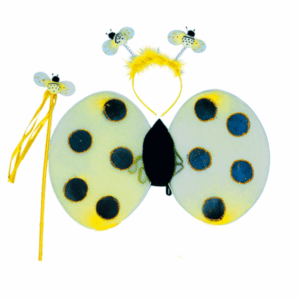 Set de disfraz de abejita con alas transparentes con puntos negros, cetro amarillo con abejita y vincha con antenas y abejitas