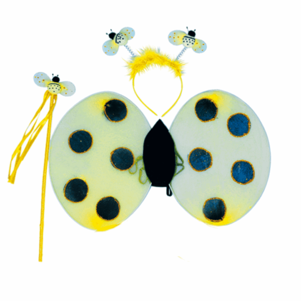 Set de disfraz de abejita con alas transparentes con puntos negros, cetro amarillo con abejita y vincha con antenas y abejitas