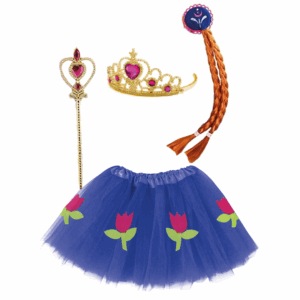 Set de disfraz de princesa Hanna con tutú azul decorado con flores, corona dorada con gemas rosas, cetro dorado y trenza pelirroja con vincha.