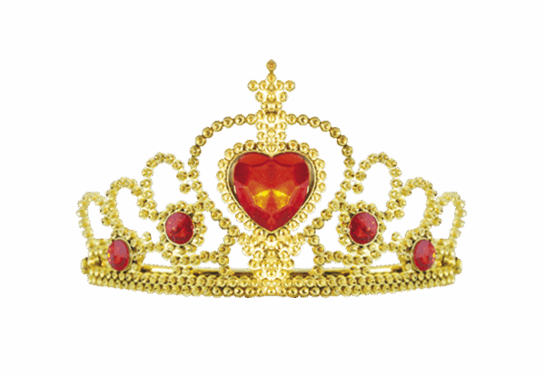 Corona dorada de emperatriz con una gran gema roja en forma de corazón y gemas redonda