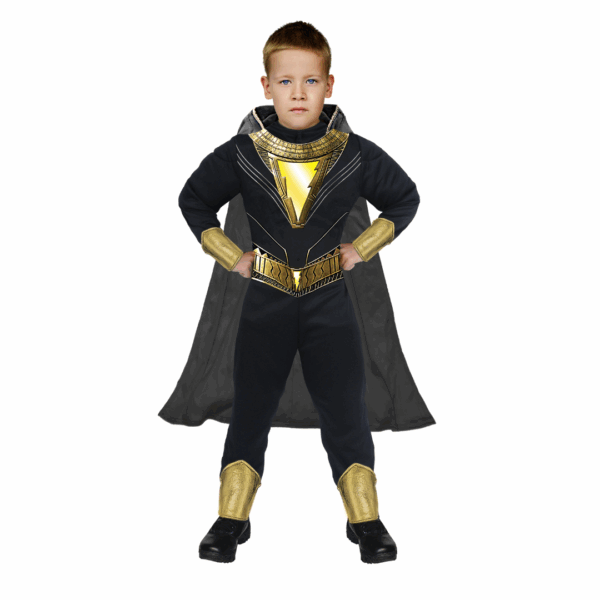 Disfraz de Adan Black para niño, con enterizo negro con detalles dorados y capa negra con capucha.