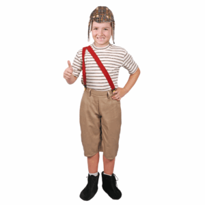 Disfraz de El Chamo del Ocho para niño, con camisa a rayas, pantalón corto beige, tirantes rojos y gorro a cuadros.