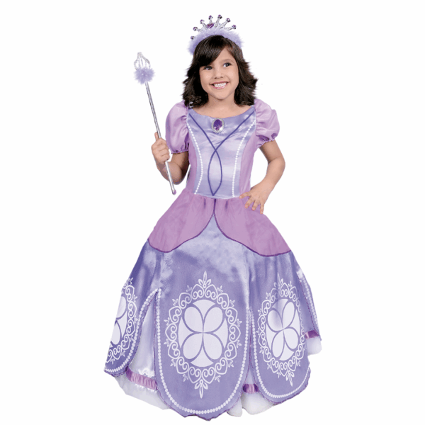 Disfraz de Princesa Sofy para niña, con vestido largo lila y morado, y tiara.