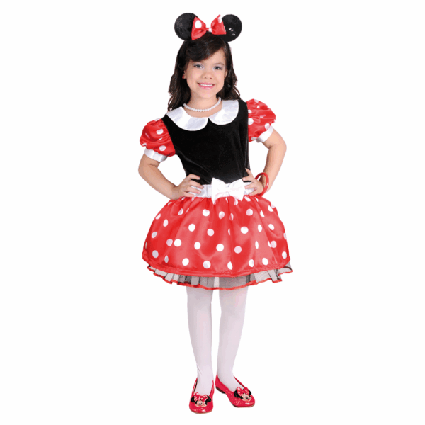 Disfraz de Ratoncita Roja para niña, con vestido rojo de lunares blancos y corpiño negro, y vincha con orejas y lazo.