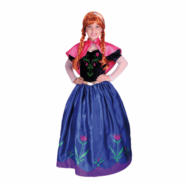 Disfraz de Princesa Hanna para niña, con vestido azul y negro con bordados, y capa rosa.