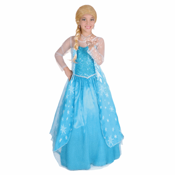 Disfraz de Princesa del Hielo Deluxe para niña, con vestido azul brillante con lentejuelas y capa transparente.