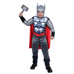 Disfraz de Guerrero V. Niño Power / Thor para niño, con enterizo plateado y azul, capa roja y casco con alas.