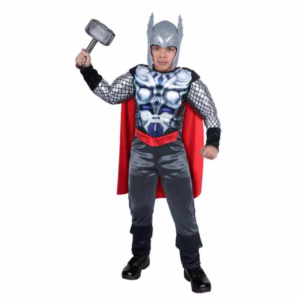 Disfraz de Guerrero V. Niño Power / Thor para niño, con enterizo plateado y azul, capa roja y casco con alas.