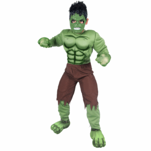Disfraz de Forzudo / Hulk para niño, con enterizo verde de músculos y pantalones marrones, y máscara verde.