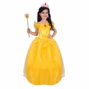 Disfraz de Princesa Dorada para niña, con vestido largo amarillo brillante, sin accesorios.