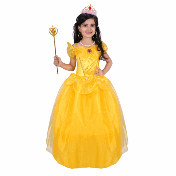 Disfraz de Princesa Dorada para niña, con vestido largo amarillo brillante, sin accesorios.