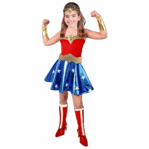 Disfraz de Chica Maravilla Infinity para niña, con vestido rojo y azul con estrellas, puños dorados, cinturón, vincha y cubre botas.