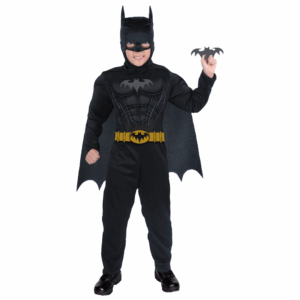 Disfraz de Murciélago Niño Infinity / Batman para niño, con enterizo negro, cinturón amarillo y gorro con capa.