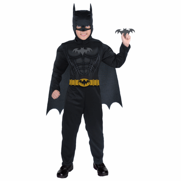 Disfraz de Murciélago Niño Infinity / Batman para niño, con enterizo negro, cinturón amarillo y gorro con capa.