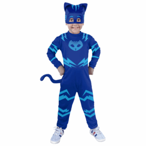 Disfraz de Pj Max para niño, con enterizo azul y gorro con orejas de gato.