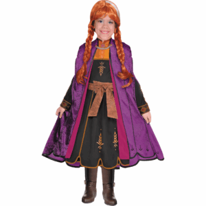 Disfraz de Princesa Hanna II para niña, con vestido negro, capa morada y cinturón café.