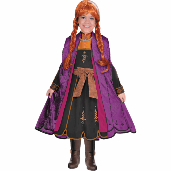 Disfraz de Princesa Hanna II para niña, con vestido negro, capa morada y cinturón café.