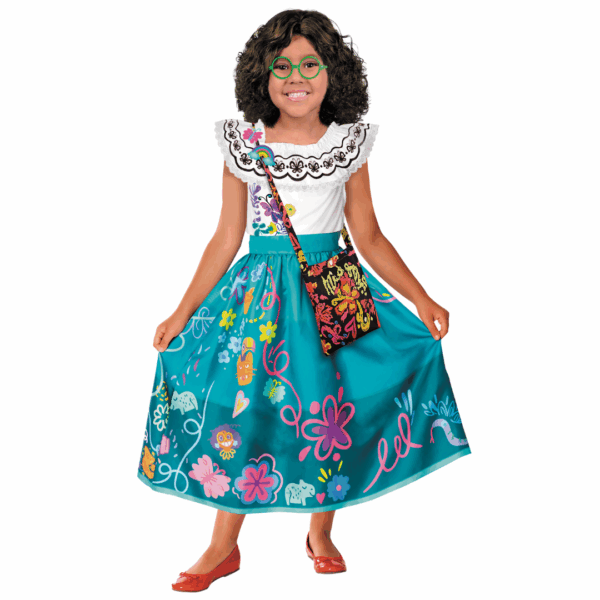 Disfraz de Maribel Encantada para niña, incluye camisa blanca con cuello de volantes, falda turquesa estampada, lentes verdes y bolso floral.