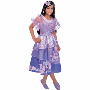 Disfraz de Isabel Encantada para niña, con vestido lila y morado estampado con flores, y un accesorio floral para el cabello.