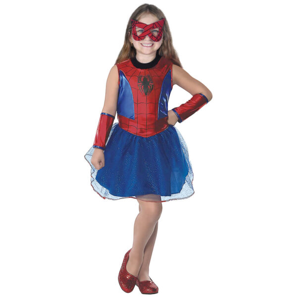 Disfraz de Arácnida Fashion para niña, con vestido rojo y azul brillante, puños y antifaz.
