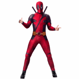 Disfraz de DeadPool para niño, con enterizo rojo y negro, y máscara.