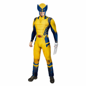 Disfraz de Wolverine para niño, con enterizo amarillo y azul sublimado y máscara.