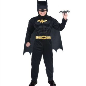 Disfraz de Murciélago Niño Infinity / Batman para niño, con enterizo negro, cinturón amarillo y gorro con capa.