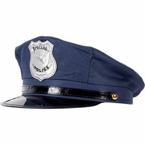 Gorro de policía azul marino con visera negra brillante e insignia plateada de "SPECIAL POLICE", para adulto.