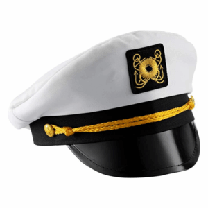 Sombrero de capitán blanco con visera negra, cordón dorado y insignia bordada de ancla, para adulto.