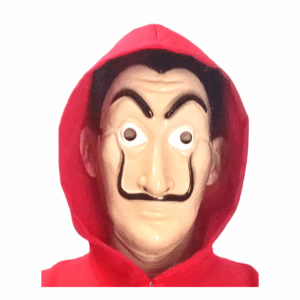 Máscara blanca con bigote negro y rasgos que simulan el rostro de Salvador Dalí, ideal para disfraz de La Casa de Papel.